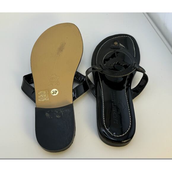 EUC Vintage 2000s‎ Y2K Laurent Effel Black Patent Leather Logo Sandals - Picture 7 of 12